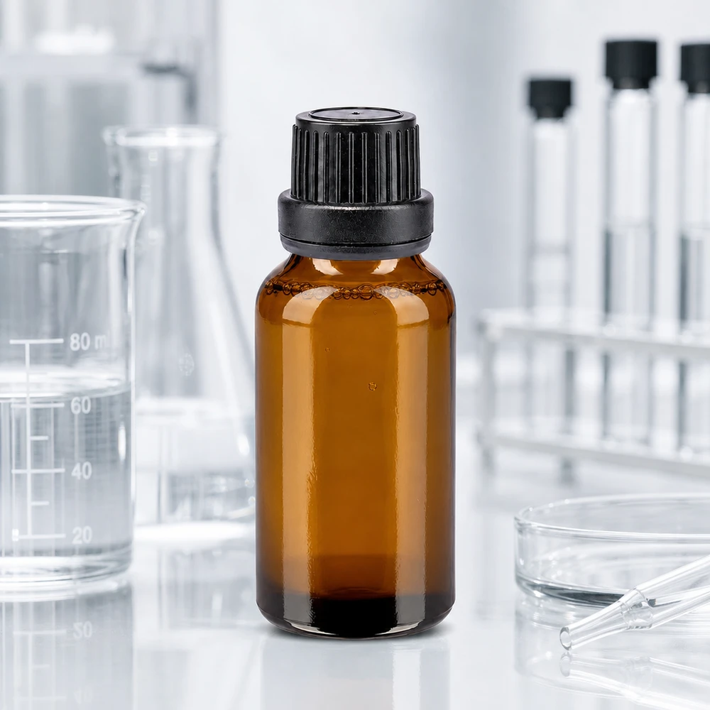 20 ml:n ruskealasiinen apteekkipullo, jossa on musta 11 mm:n tippakorkki, laboratorio- ja farmaseuttiseen käyttöön