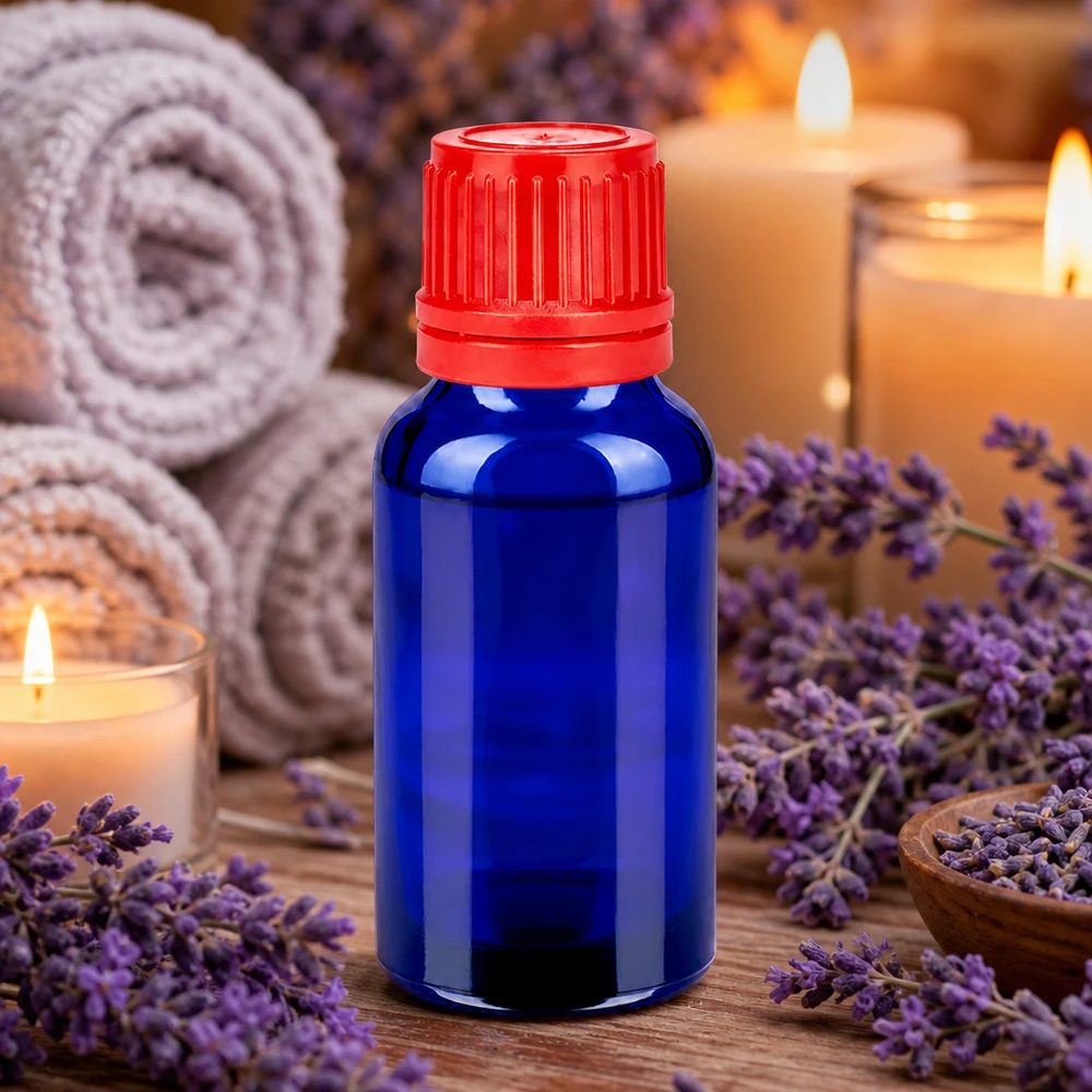 20ml lasipullo sinisellä ja punaisella korkilla aromaterapiaan ja hyvinvointiin.