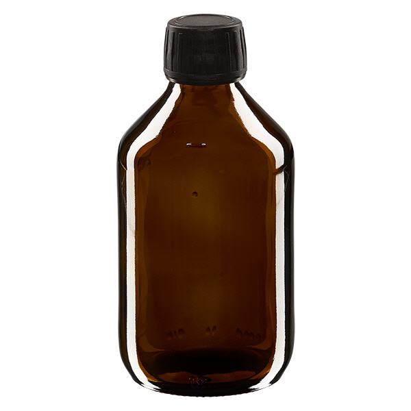 250ml lääkepullo ruskea, musta korkki, jossa peukaloinnin varmistava rengas ApoGlas