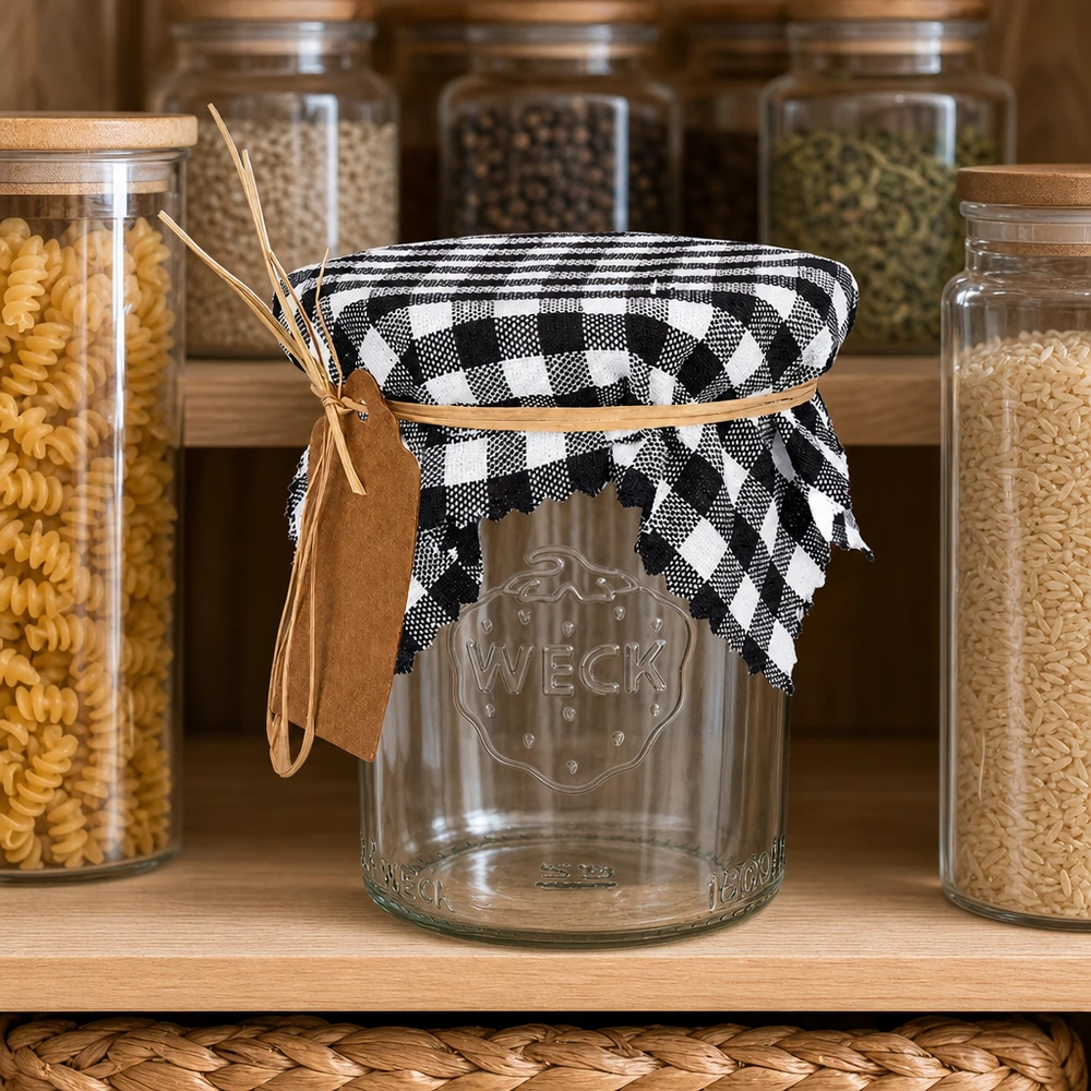 Kankainen korusilppu mustaruutuinen 12cm neliö. Ruudullinen koristeellinen esiliina mustavalkoinen 12cm säilytyspurkkiin pastasäiliöiden välissä, maalaistyylinen keittiön sisustus