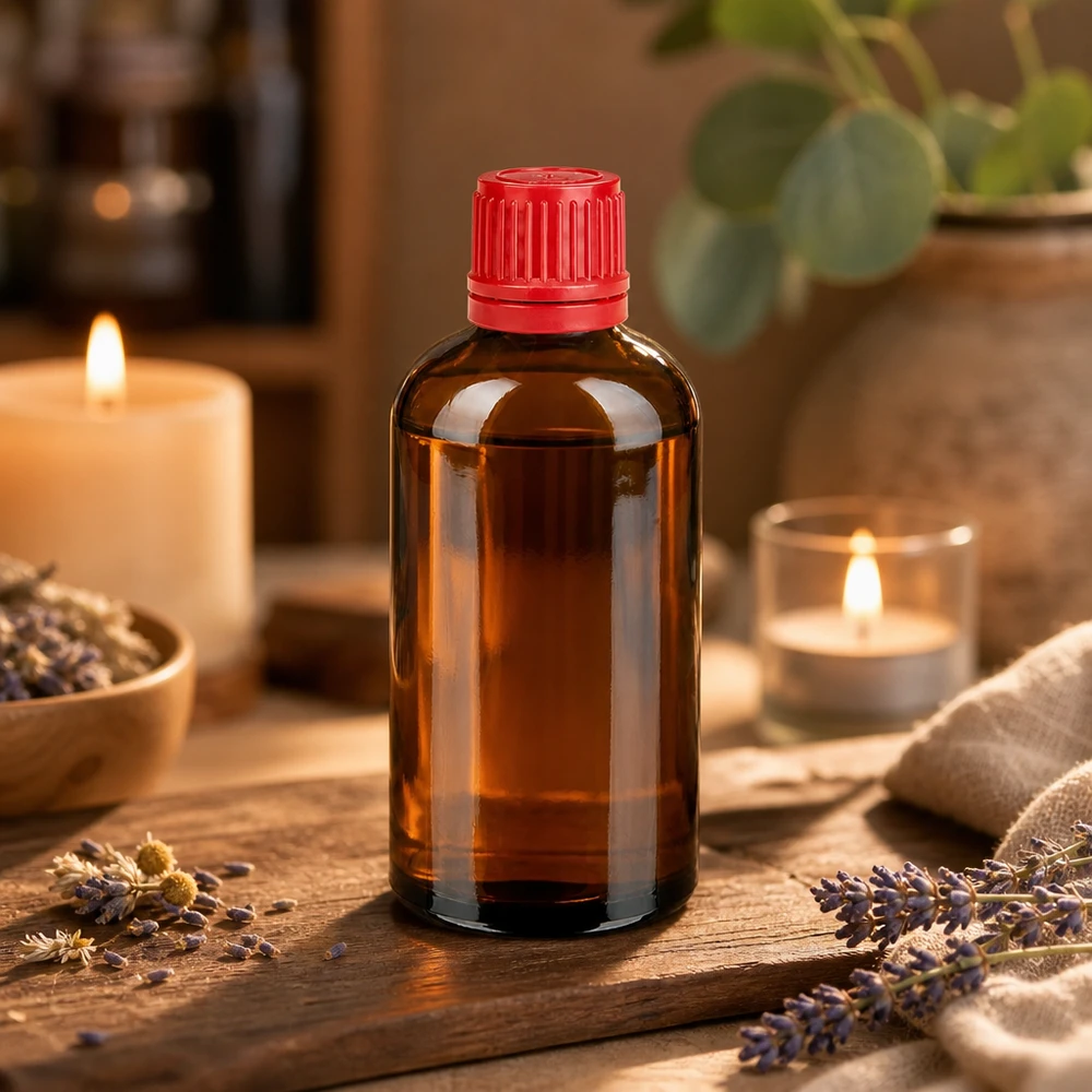 100ml BrownLine lasipullo UV-suojalla ja punaisella turvakorkilla aromaterapiaa varten.