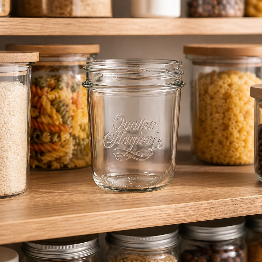 320 ml:n juomapullot "Quattro Stagioni" QS86mm 320ml Quattro Stagioni Sturzglas mit elegantem Logo auf Holzregal zwischen gefüllten Vorratsgläsern für Küche und Pantry