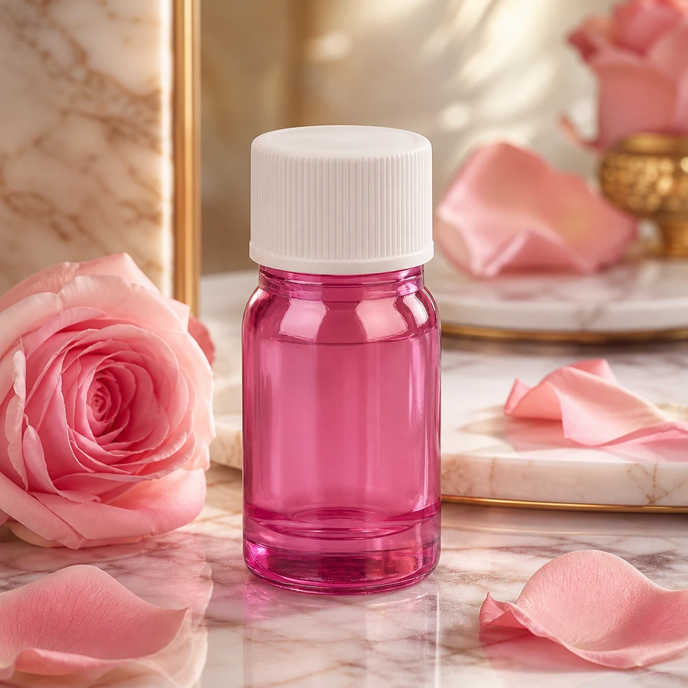 5ml purppuravioletti pullo valkoisella muovikorkilla aromaterapiaa varten.