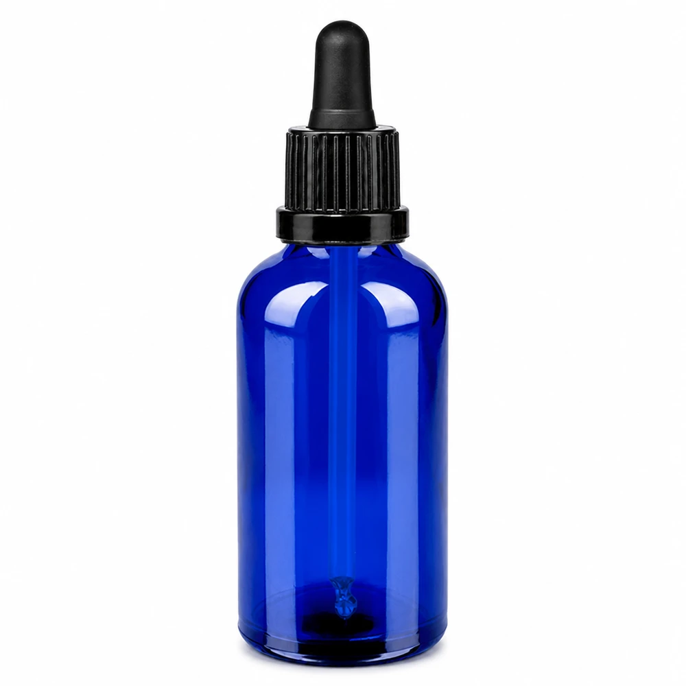 50ml pipettipullo musta OV BlueLine UT18/50 - sininen lasipullo, jossa on musta pipettikorkki.