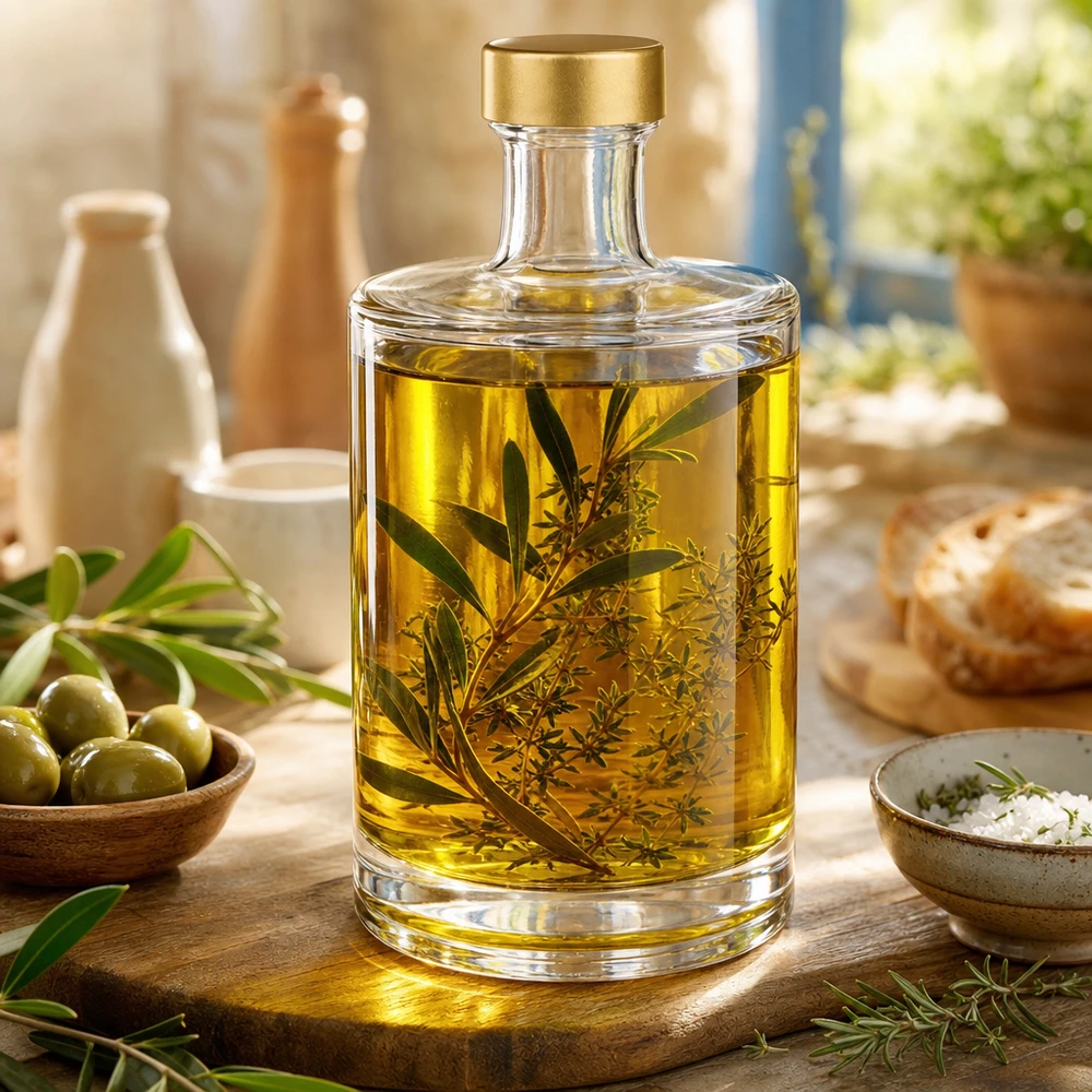 500ml Glasflasche Sam mit Olivenöl und Kräutern befüllt goldener UNiTWIST Verschluss mediterrane Küche Oliven Salz
