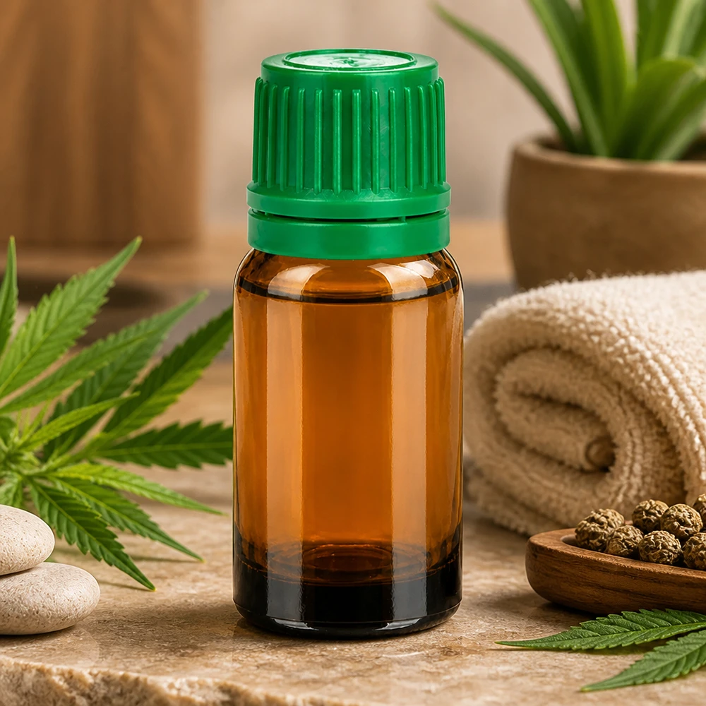 10ml tippapullo, joka on valmistettu UV-suojatusta meripihkalasista ja jossa on tiivis vihreä korkki esansseille.