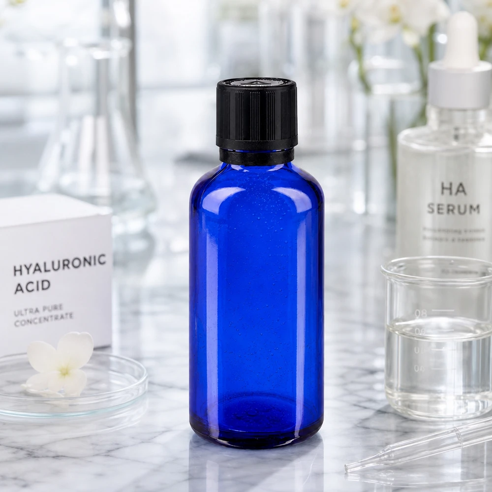 Apteekkipullo sininen 50ml tippapullo korkki kaatorengas 1mm musta lapsilukko sokea varoitussymboli peukaloinninesto sulkeminen. Sininen 50 ml:n apteekkipullo, jossa on tiputin, hyaluronihappotuotteiden vieressä laboratoriomaisessa ympäristössä