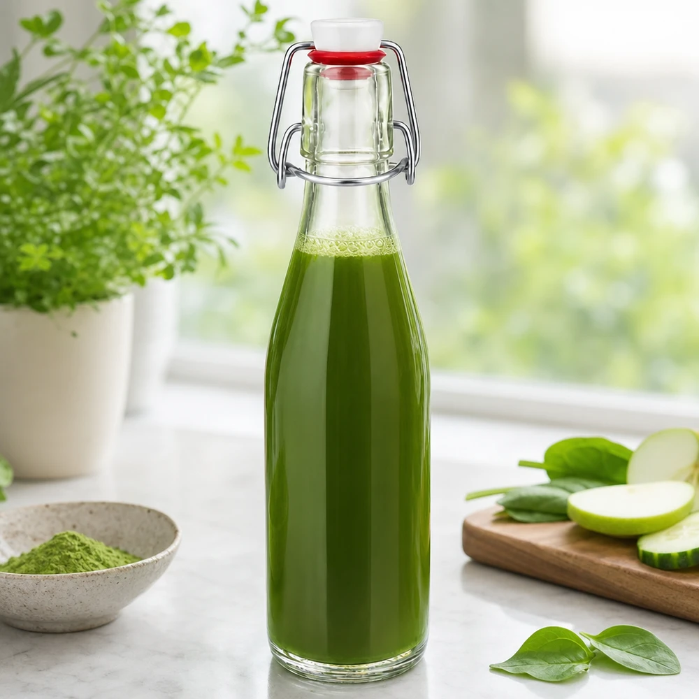 250ml lasipullo + keinuposliini UNiTWIST UNiTWIST 250ml Glasflasche mit Bügelverschluss gefüllt mit grünem Smoothie, dekoriert mit frischen Kräutern und Gemüse