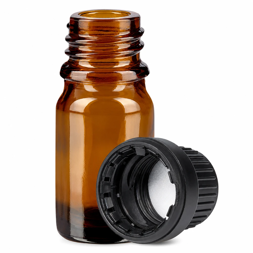5ml pullo 11mm ruuvikorkki musta peukaloinninestokorkkiII BrownLine UT18/5 Pieni 5 ml:n apteekkipullo meripihkalasista, jossa on lapsiturvallinen korkki lääkkeitä varten.