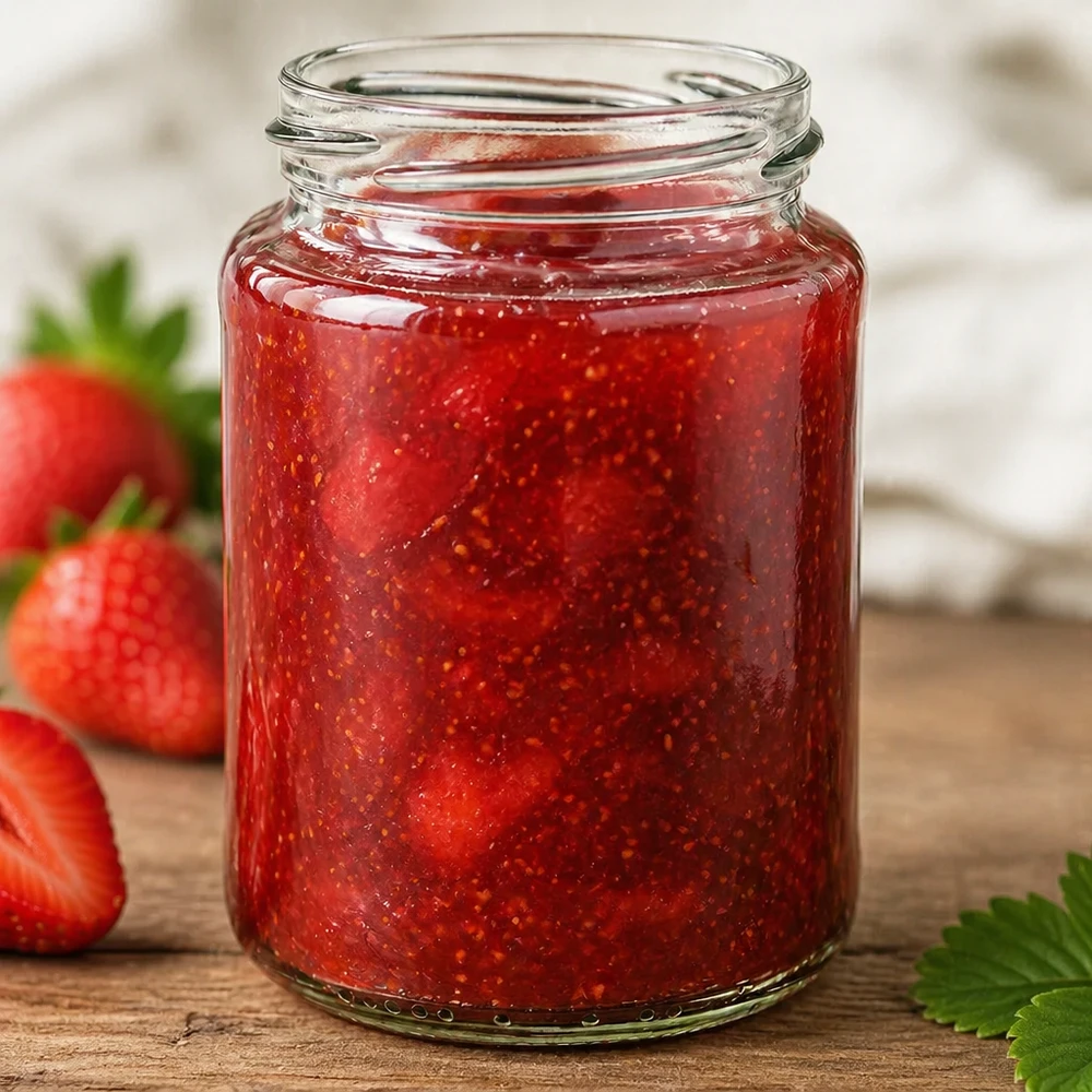 382ml pyöreä purkki ilman kantta (TO66) UNiTWIST Pyöreä lasi 382ml TO66 täynnä punaista mansikkahilloa tuoreiden mansikoiden vieressä puupöydällä.