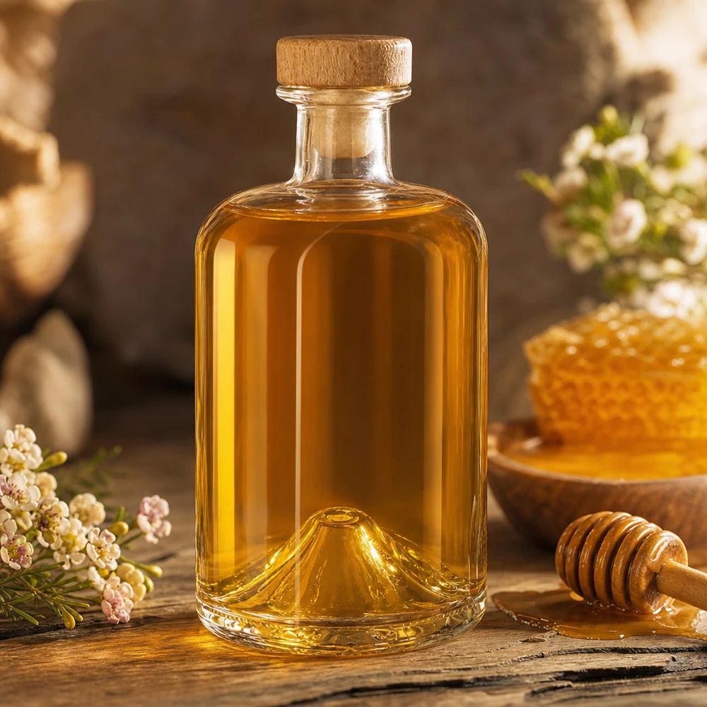 500ml Apothekenflasche "Classic" mit Holzgriffkorken UNiTWIST® 500ml Glasflasche Sofia mit Honig befüllt neben Bienenwabe und Honiglöffel auf rustikalem Holz mit Blütendeko