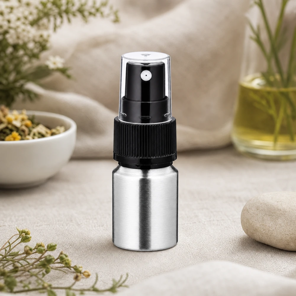 10ml kiillotettu alumiinipullo, jossa on sumutin. Tukeva 10ml alumiinipullo sumuttimella - kestävä metallipakkaus suojaa tuotetta pitkäkestoisesti