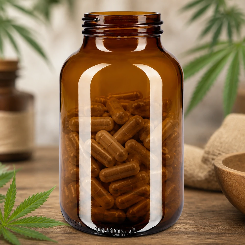1000ml leveäkaulainen pullo meripihkanväristä lasia Leveäsuiset lasipullot meripihkanväriset 1000ml, jotka sopivat erinomaisesti kapselien säilytykseen ja farmaseuttisiin sovelluksiin.