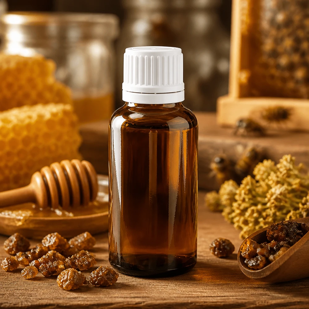 Korkealaatuinen 30ml meripihkanvärinen lasipullo valkoisella kierrekorkilla luonnolliselle hunajalle ja propolis-uutteelle.