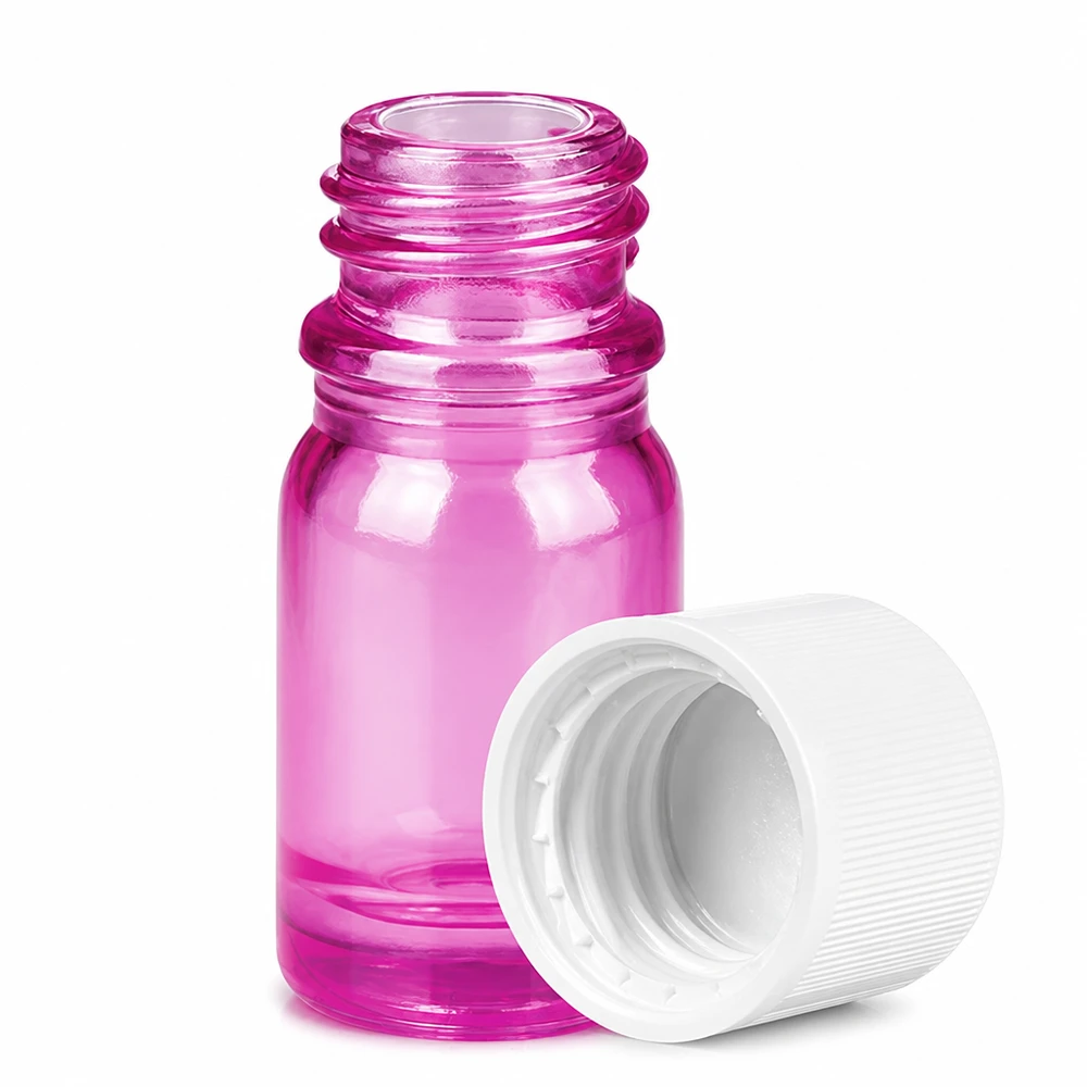 Pieni violetti lasipullo 5ml, jossa on kierre ja valkoinen korkki eteerisille öljyille.