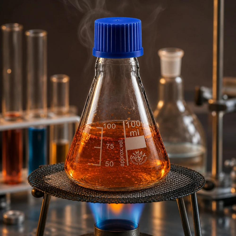Erlenmeyer-pullo 100ml, jossa on kierrekorkki. Lämmönkestävä 100 ml:n Erlenmeyer-pullo, jossa on sininen kierrekorkki lämmitysprosesseja varten.