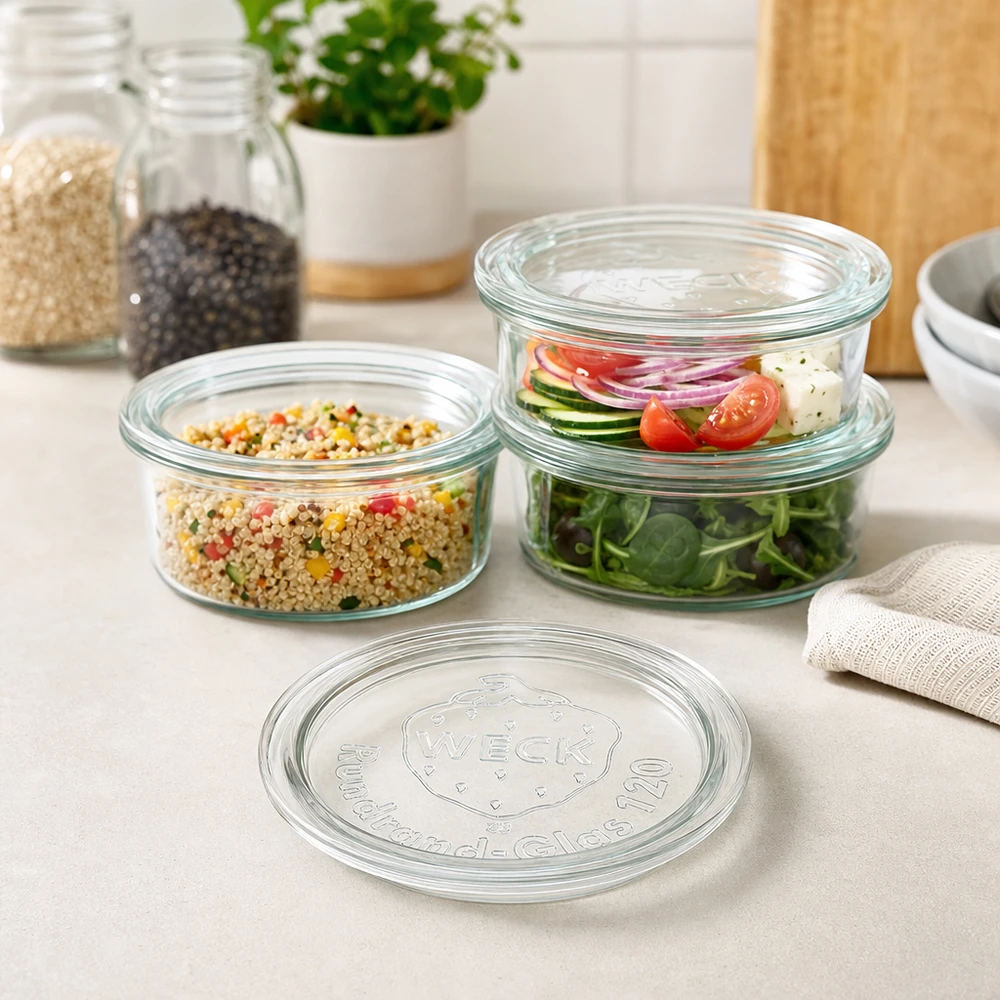 WECK Glasdeckel RR120 in moderner Küche mit gefüllten Vorratsgläsern für Salat Quinoa und frische Zutaten