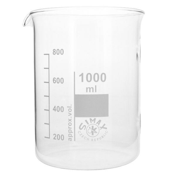 Juomalasi 1000ml borosilikaattilasi, matala muoto - Matalan muotoinen Korkealaatuisesta borosilikaattilasista valmistettu 1000 ml:n dekantterilasi, jossa on tarkat mittausmerkinnät laboratoriokäyttöön.