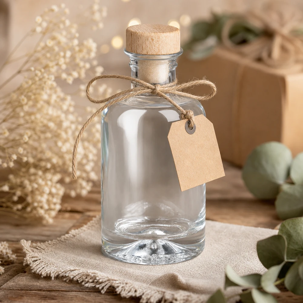 100ml lasipullo Sofia, jossa puukorkki tyhjä lahjaksi, jossa on voimapaperilappu ja juuttinauha maalaismainen koristelu.