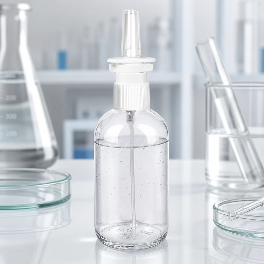 100 ml:n ClearLine-nenäsumutepullo laboratoriossa, jossa on Erlenmeyer-pullo ja petrimaljat