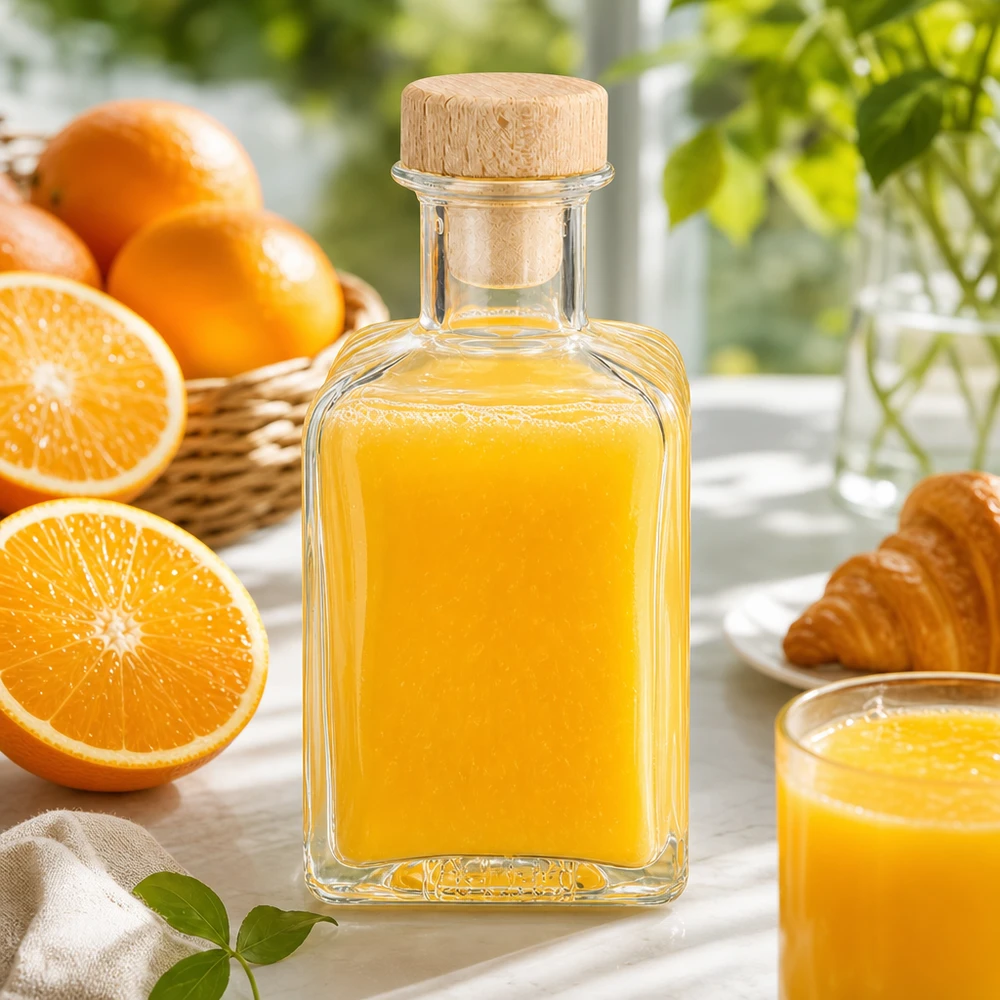 200ml lasipullo Clara täynnä appelsiinimehua puinen korkki koristelu keittiö tuoreet appelsiinit aamiainen muotoilu