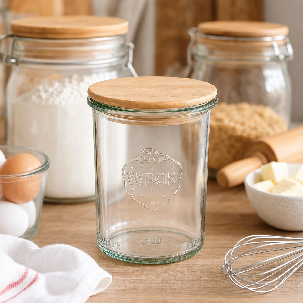 WECK 160ml RR60 muuripurkki puukannella maalaismaisessa keittiössä leivonta-ainesten ja ruoanlaittovälineiden välissä.