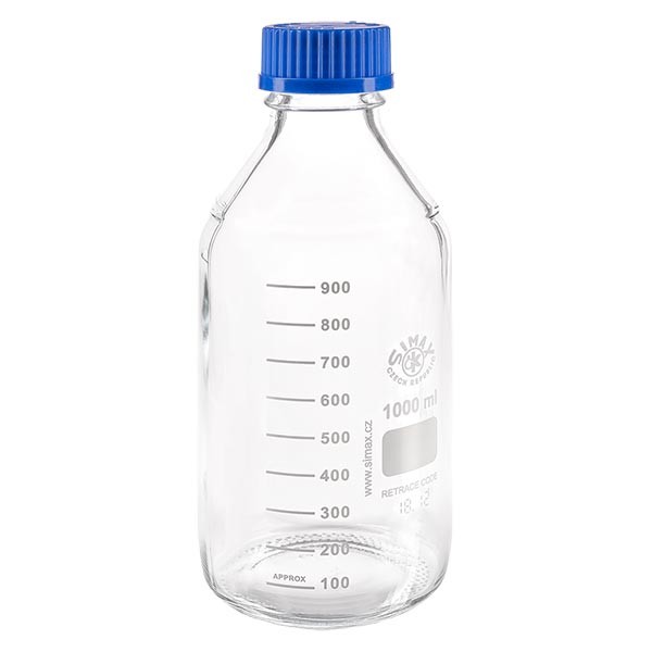 Kierteinen laboratoriopullo 1000ml korkilla, borosilikaattia, borosilikaatti