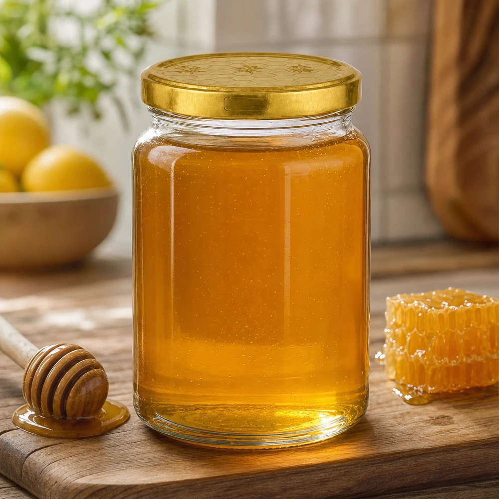 795ml pyöreä purkki + BasicSeal-kansi hunajakenno UNiTWIST 795ml pyöreä hunajapurkki täynnä hunajaa hunajakennon ja hunajalusikan vieressä puisella laudalla lämpimässä keittiötunnelmassa.