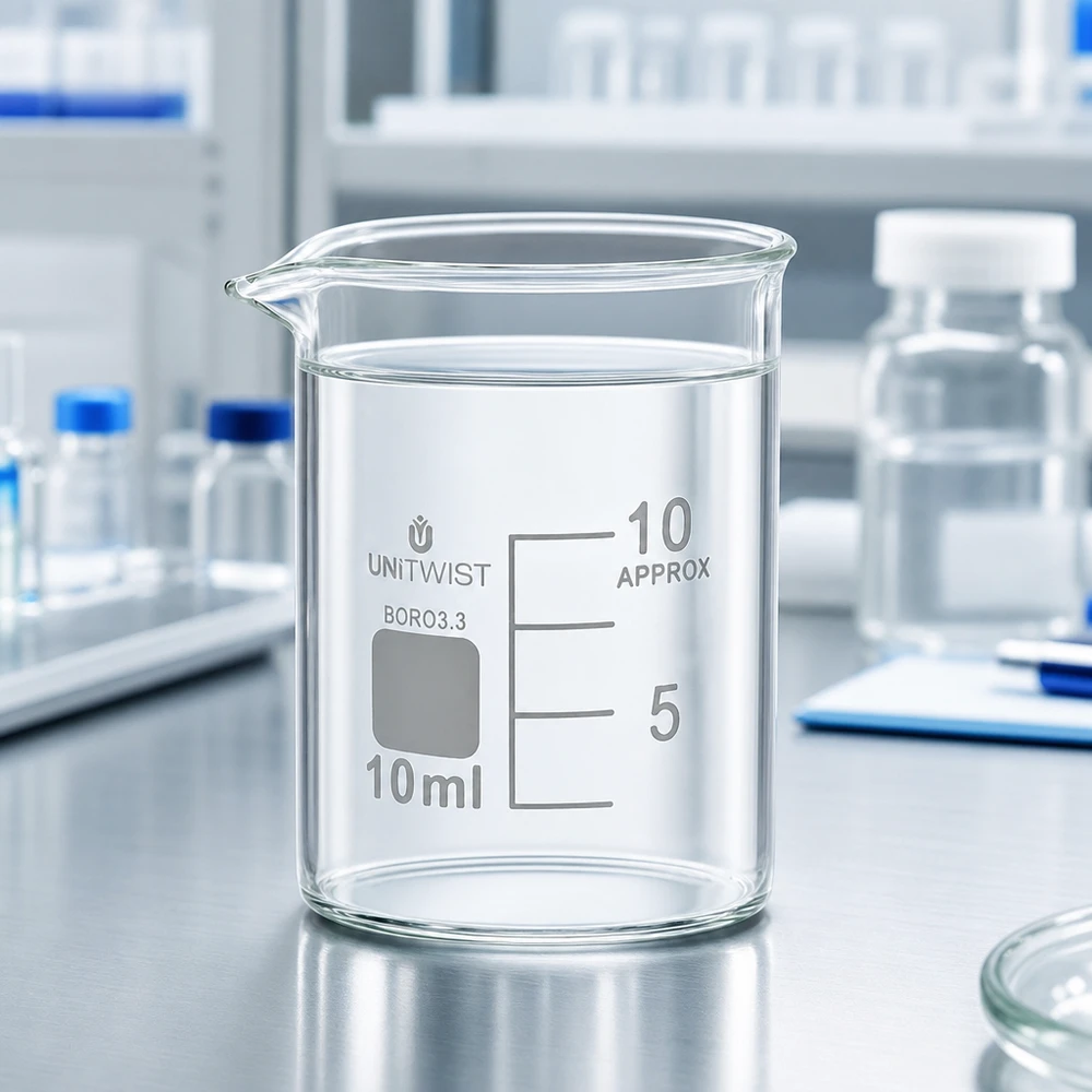 Juomalasi 10ml borosilikaatti, matala muotti UNiTWIST UNiTWIST-mitta-astia, 10 ml, matala malli, jossa on kaatonokka ja asteikko ruostumattomasta teräksestä valmistetulla pinnalla laboratoriossa