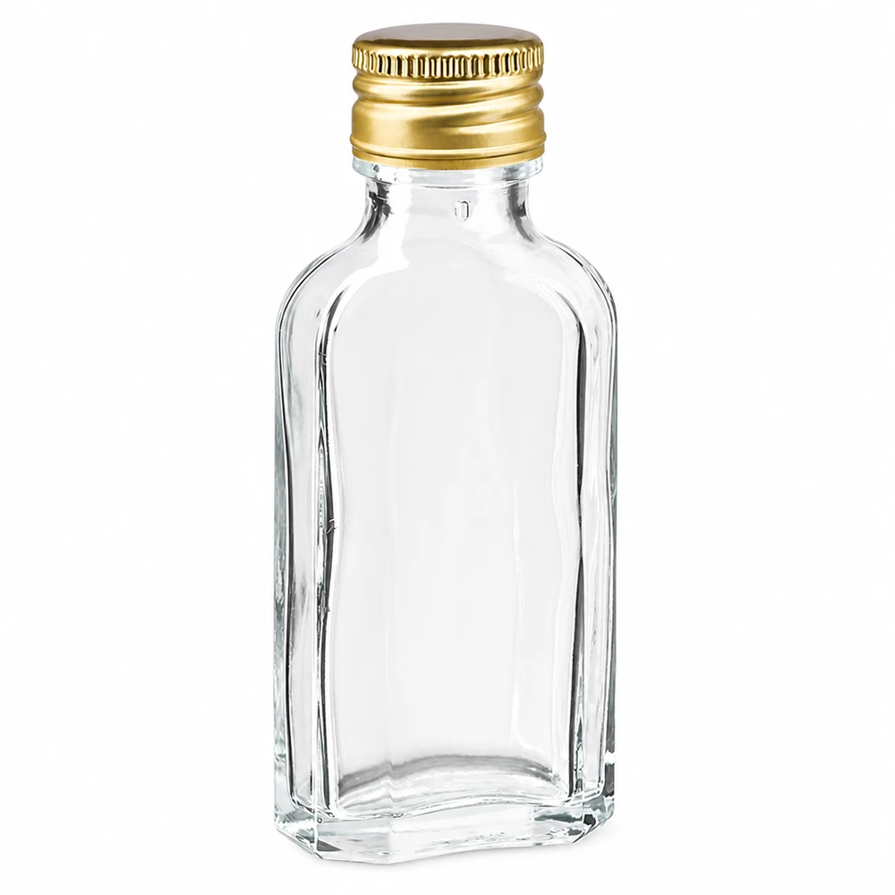 50 ml Meplat kirkas, alumiinikorkki kultainen PP22. 50 ml:n Meplat-pullo, kirkas, kultaisella alumiinikorkilla (PP22), väkeville alkoholijuomille ja likööreille