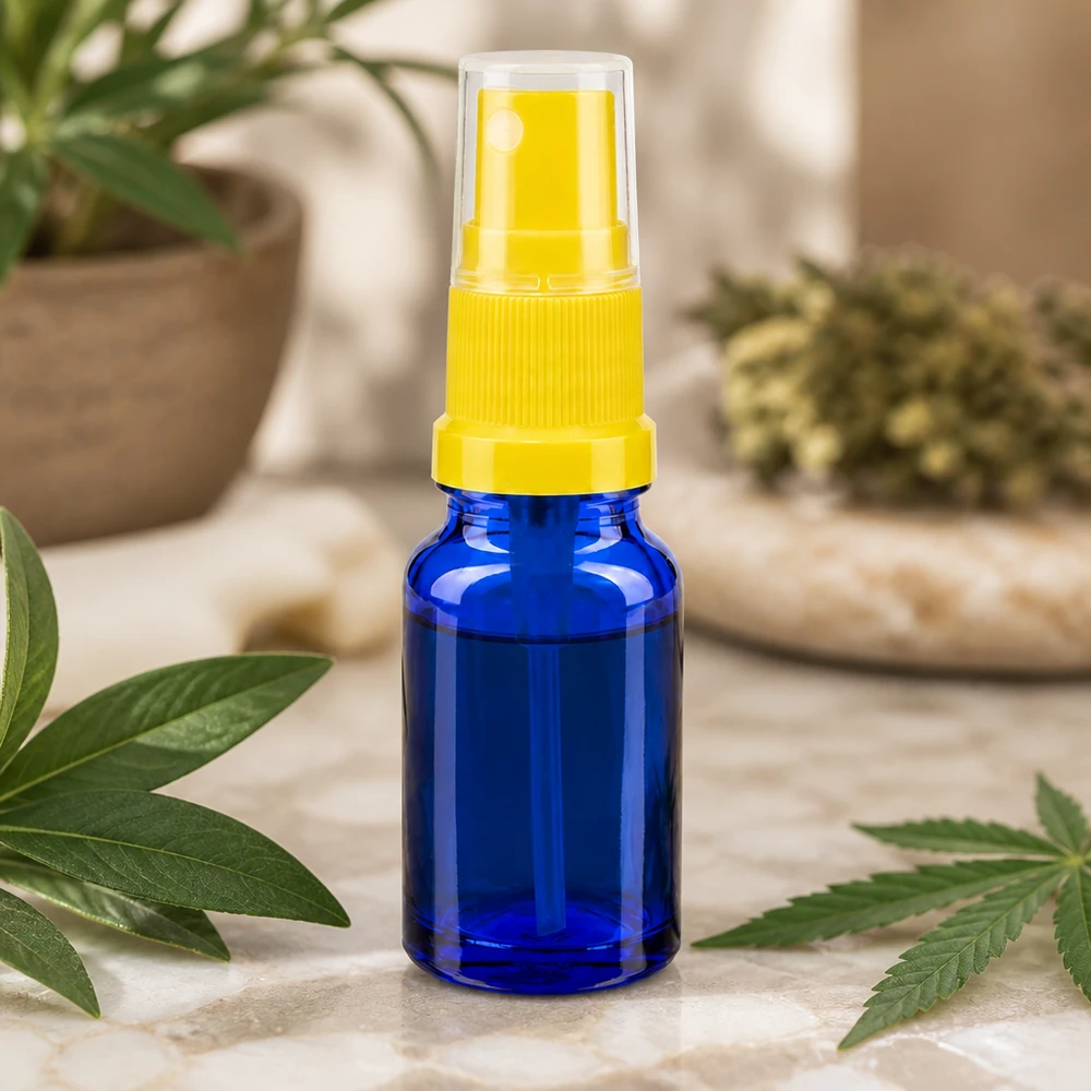 10ml suihkepullo keltainen/läpinäkyvä vakiokorkki BlueLine UT18/10 Laadukas sininen lasipullo 10ml keltaisella suihkupäällä kosmetiikkaan ja luonnontuotteisiin BlueLine UT18 10