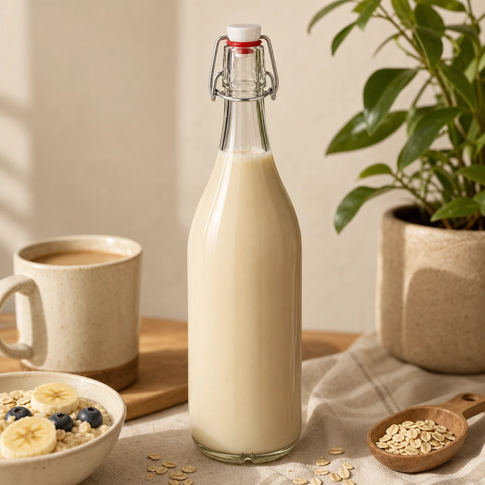 1000 ml:n lasipullo, jossa on kääntyvä korkki, täynnä kauramaitoa puupöydällä kahvikupin ja kaurahiutaleiden vieressä.