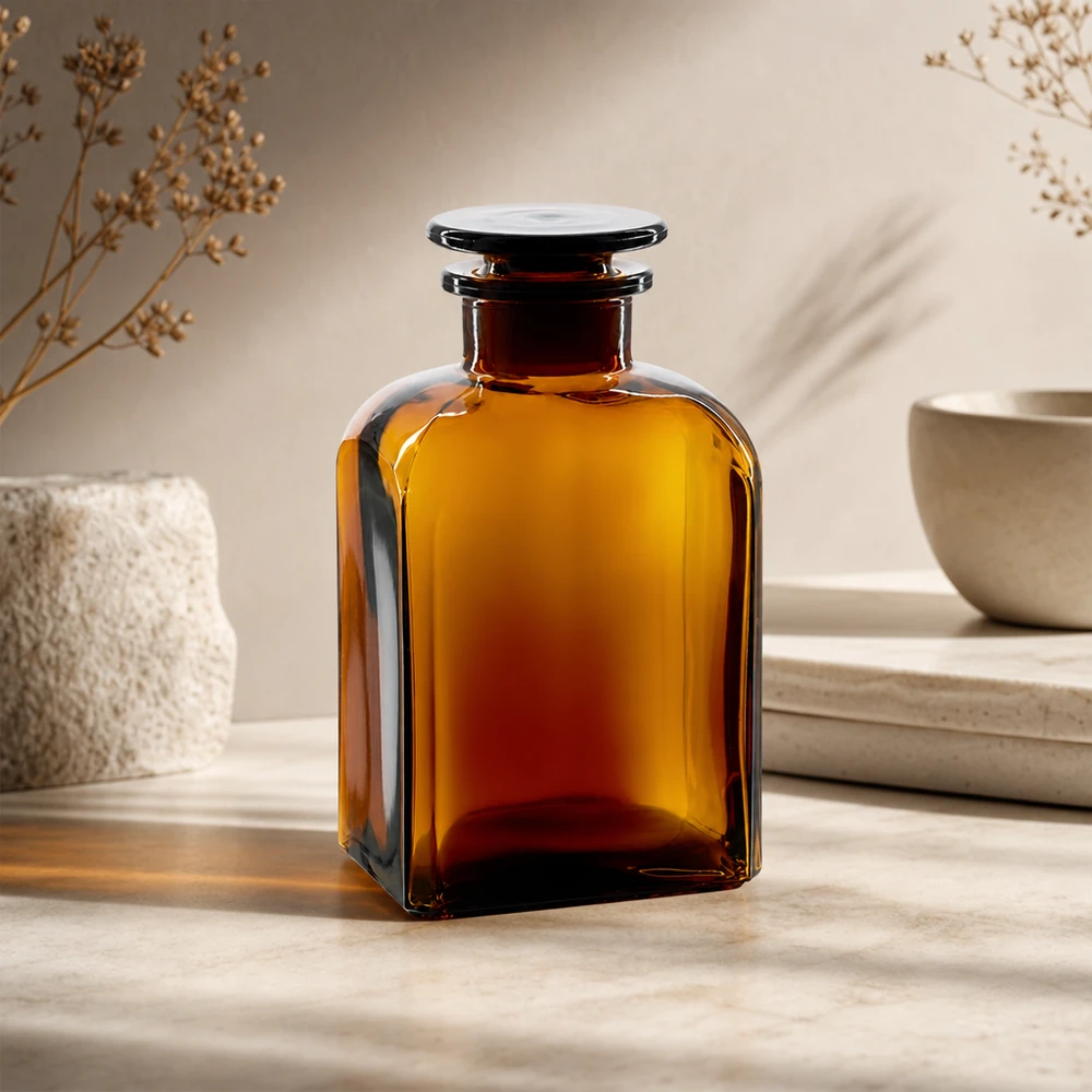 500 ml:n neliönmuotoinen, meripihkavärinen lasipullo, jossa on litteä tulppa, laboratoriokäyttöön