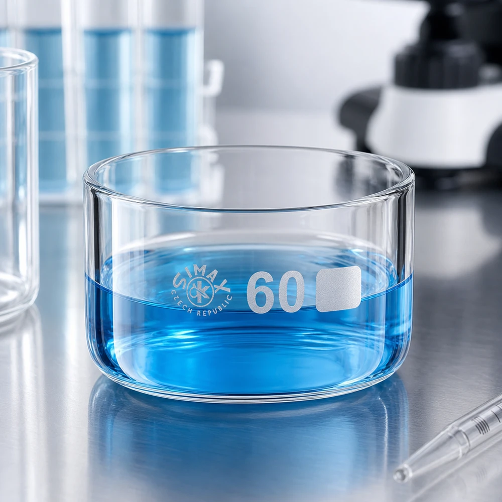 60ml kiteytysastia ilman kantta borosilikaatti ø60mm 60 ml:n kiteytysastia, borosilikaattilasia, jossa on sinistä liuosta, ruostumattomasta teräksestä valmistetulla alustalla laboratoriossa
