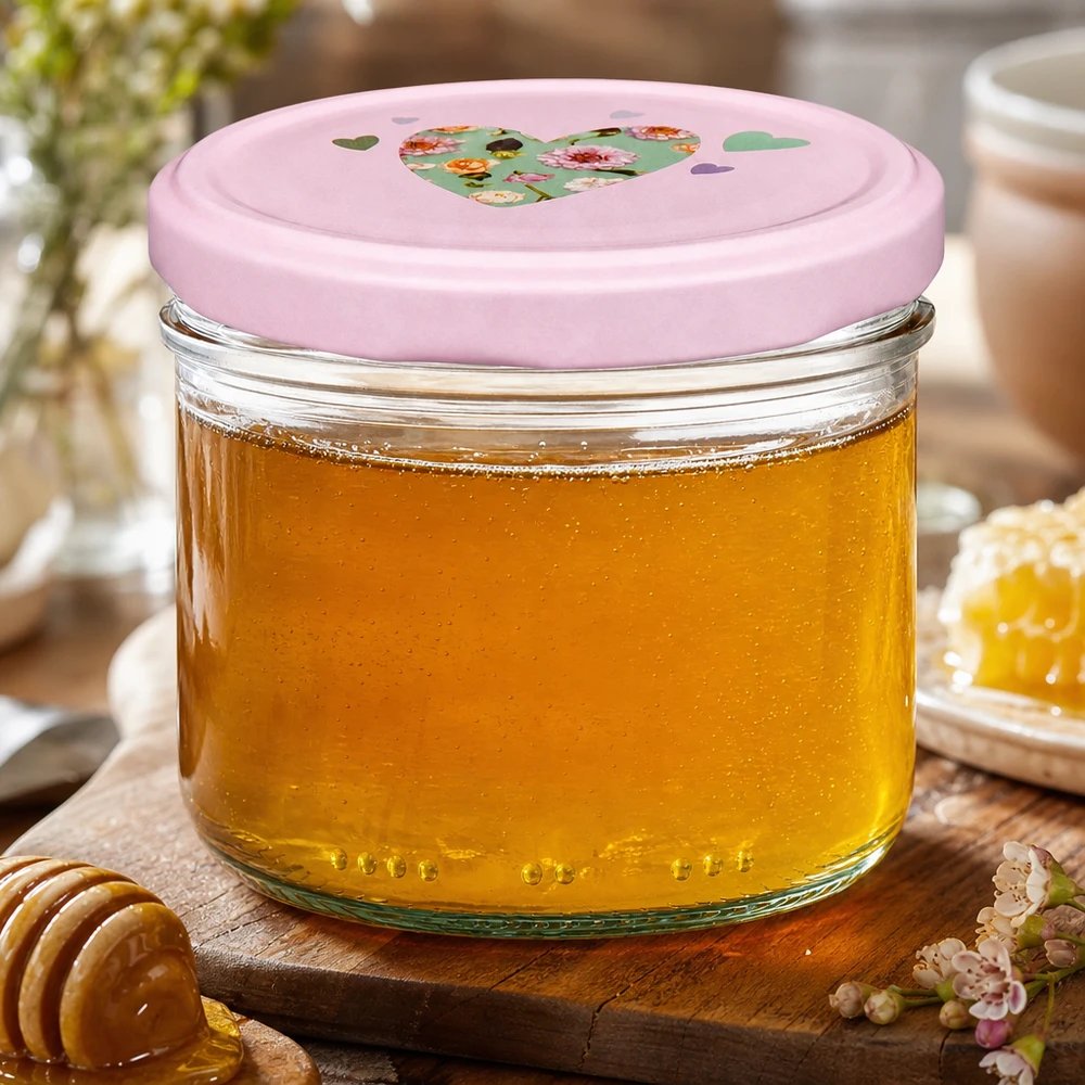 230ml sylinteripurkki + BasicSeal kansi sydän pinkki 230ml lieriömäinen purkki, jossa vaaleanpunainen sydämen muotoinen kansi, täynnä kullankeltaista hunajaa, hunajapurkki puulauta ja hunajalusikka.