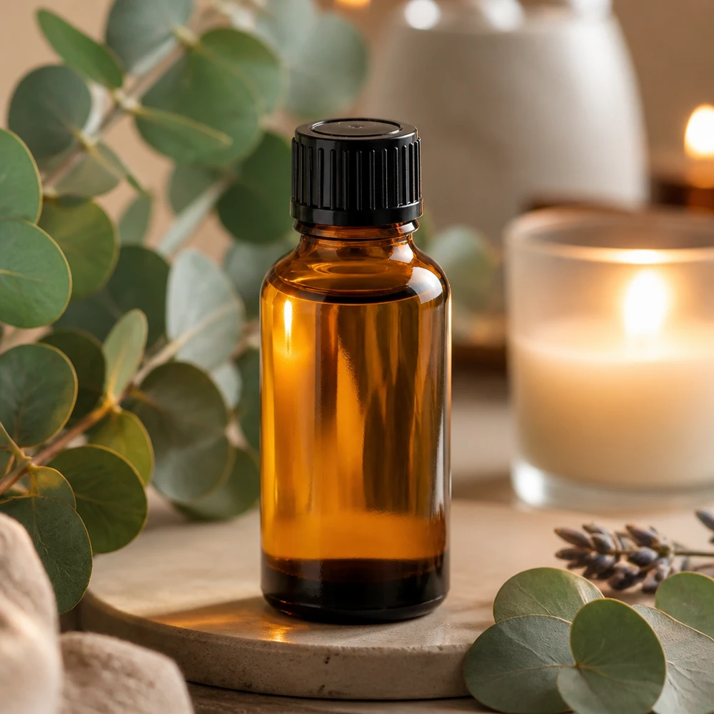 Pieni 30ml apteekkipullo ruskeasta lasista, jossa on musta kansi luonnon esansseille.