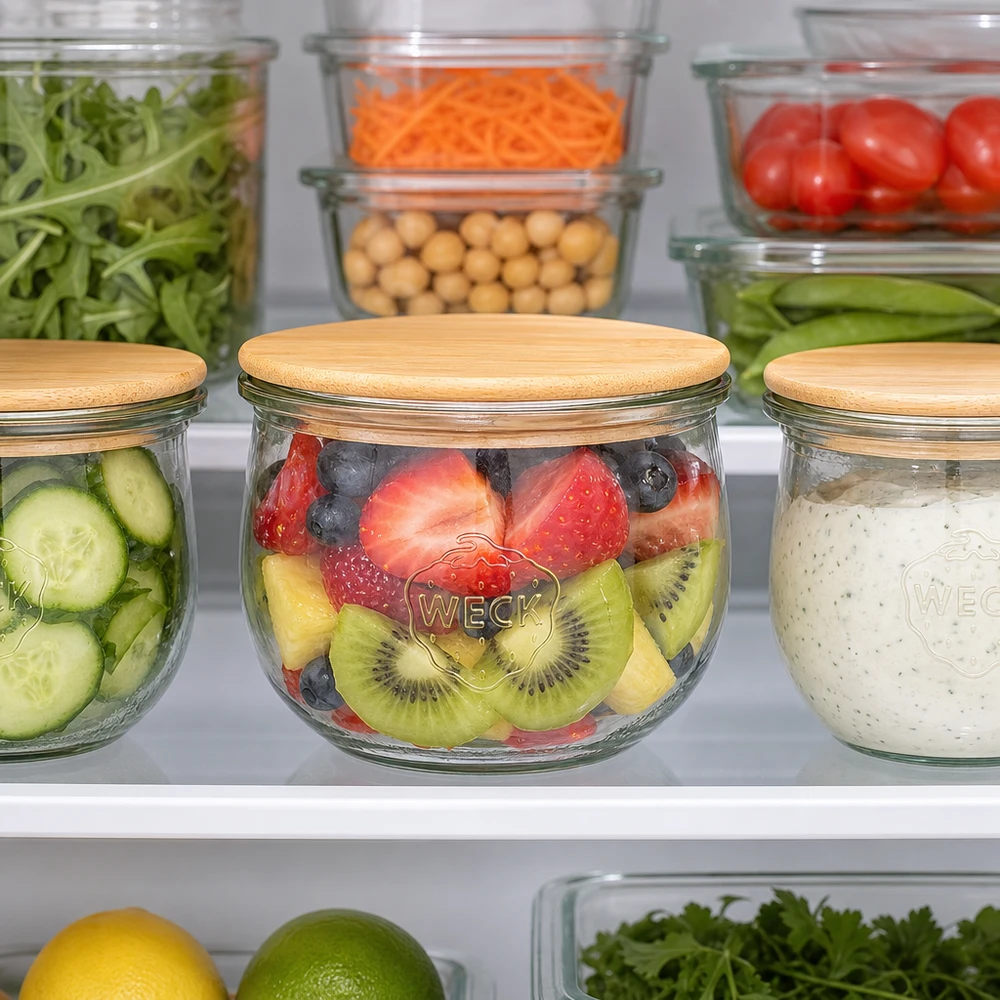 WECK Tulpenglas 580ml RR100 mit Holzdeckel im Kühlschrank - perfekt für frische Früchte und gesunde Meal-Prep