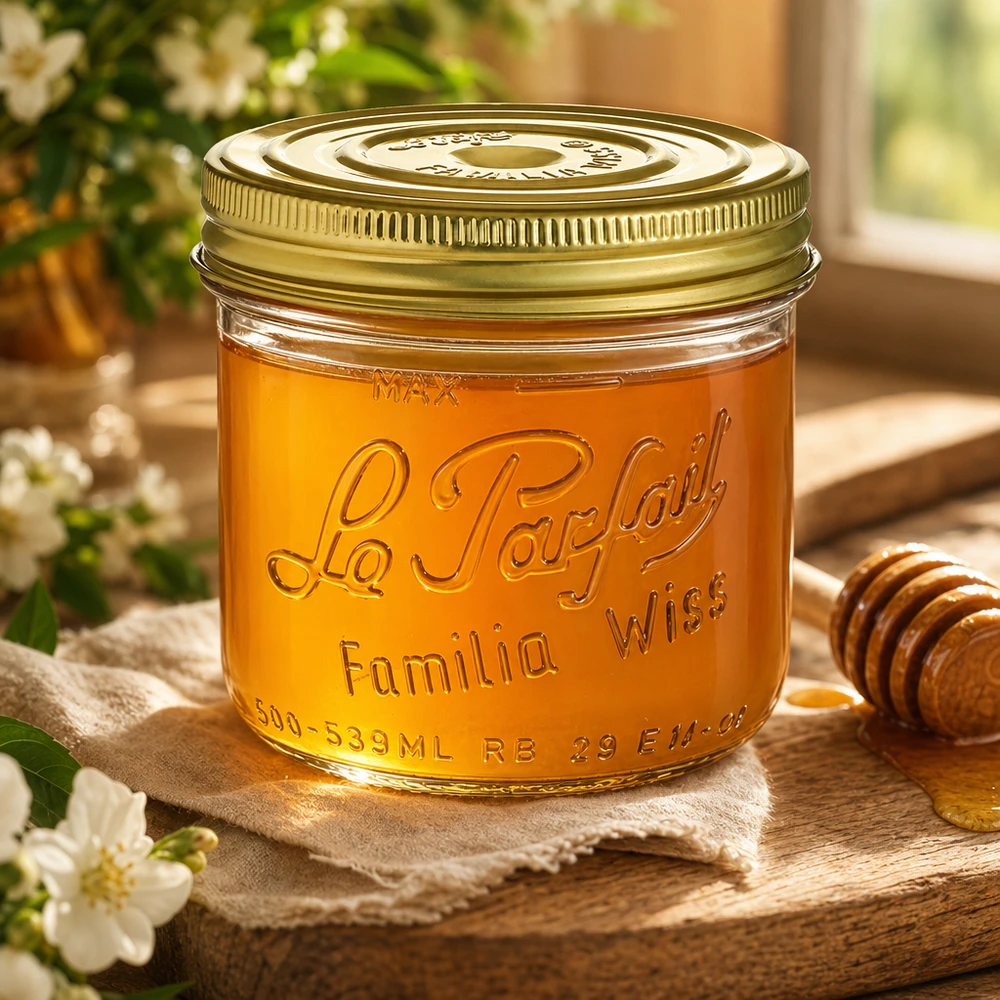 539ml Familia Wiss -mukit, joissa on kultainen kansi, täynnä hunajaa puupöydällä, jossa on hunajalusikka ja kukkia.