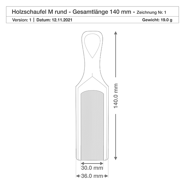 Puulapio koko M puoliympyrän muotoinen - 140mm pitkä. Tekninen piirustus puisesta lapiosta M, jonka mitat ovat 140 mm pitkä ja 36 mm leveä, mukaan lukien painomäärittely.