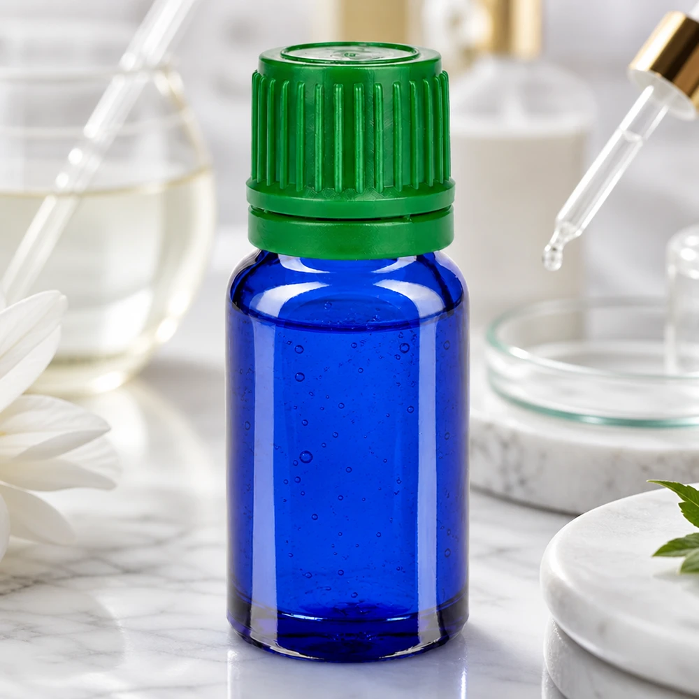 10ml UV-suojalasipullo koboltinsininen, jossa on uritettu vihreä korkki valolle herkille aineille.