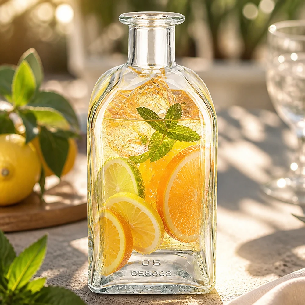500ml Glasflasche "Julia" ohne Verschluss UNiTWIST 500ml Julia-lasipullo, joka on täytetty sitrushedelmäuutteella ja mintulla aurinkoisessa puutarha-asetelmassa virkistävänä juomana.