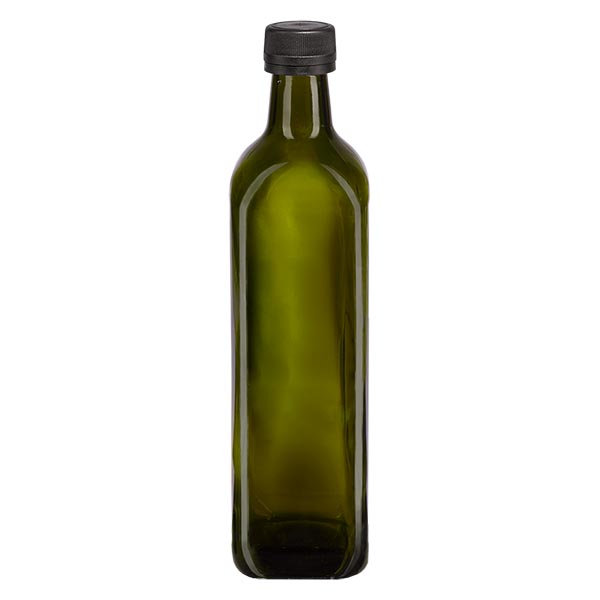 750 ml:n neliön muotoinen oliivinvihreä ruuvikorkillinen pullo, jossa on musta korkki.