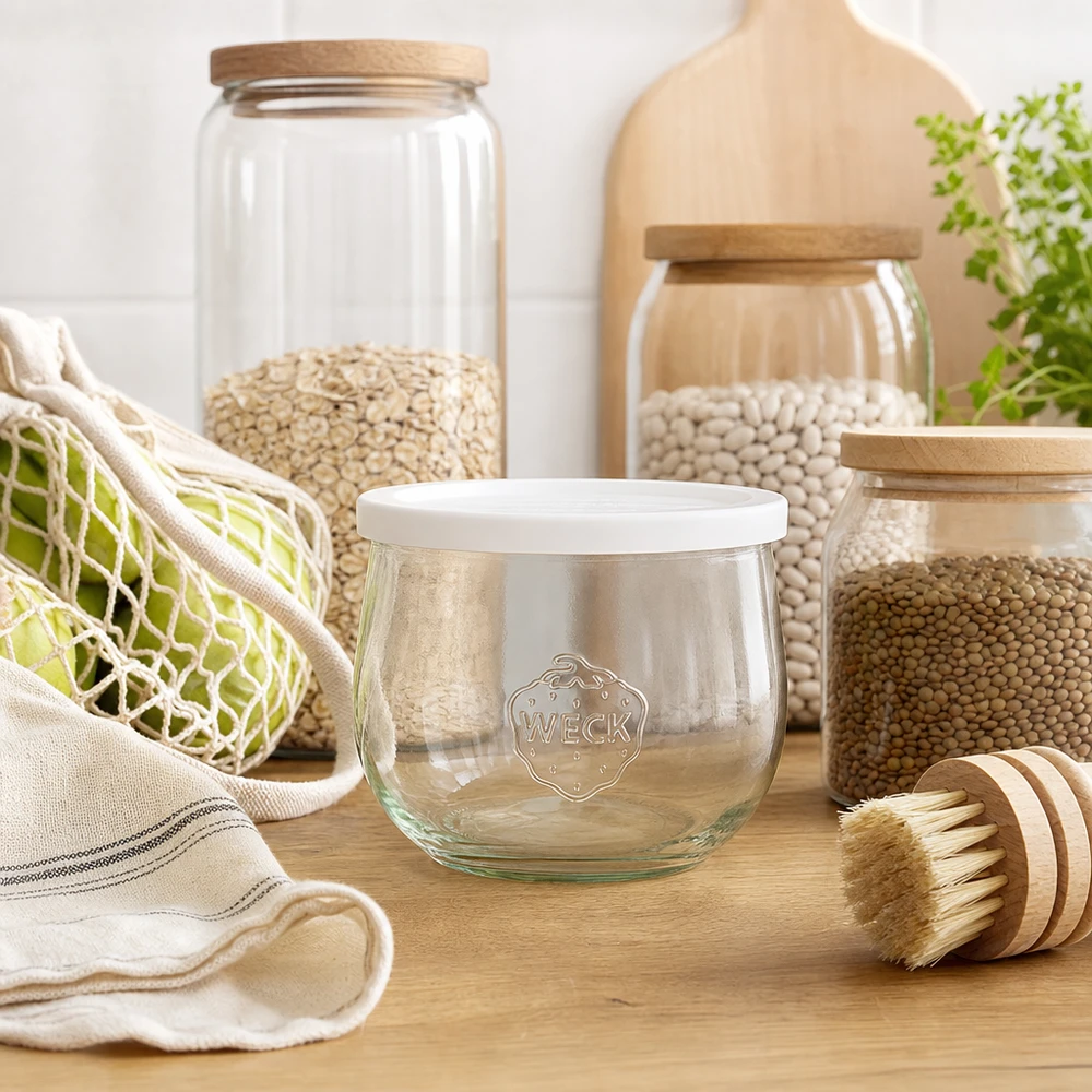 580ml tulppaanipurkki kannella WECK RR100 WECK tulppaanipurkki 580ml RR100 palkokasvien ja viljan säilyttämiseen kestävässä nollajätekeittiössä.