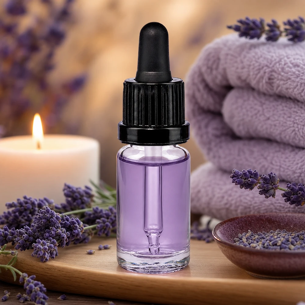10 ml:n pipettipullo, jossa on violettia laventeliöljyä, musta OV-tippapullo ja kynttilä spa-tyylisessä asetelmassa