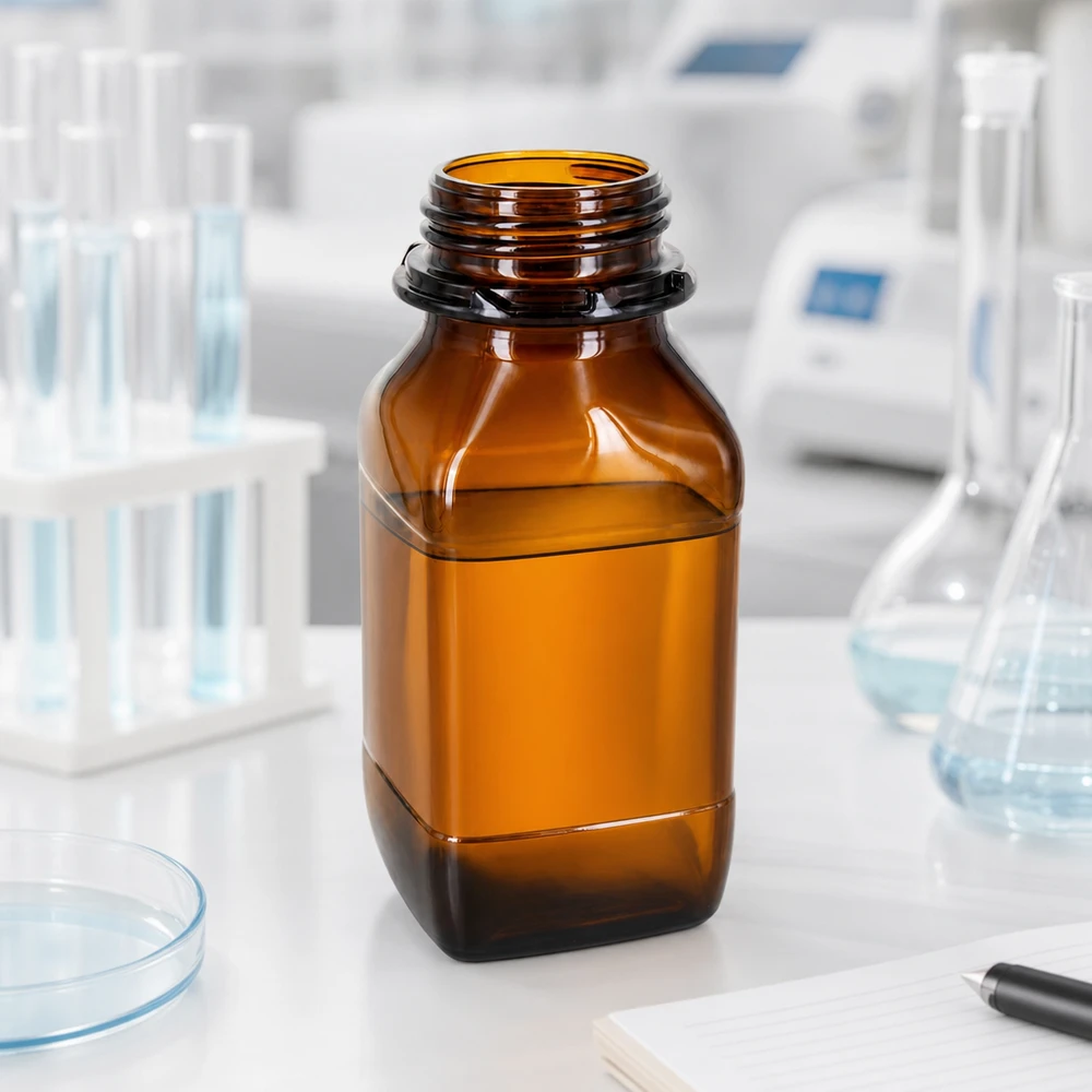 500 ml:n ruskealasi-säilytyspullo – luotettava suoja arvokkaille aineille Ruskea 500 ml:n laboratoriopullo, jossa on leveä aukko kemikaalien helppoa täyttämistä varten.