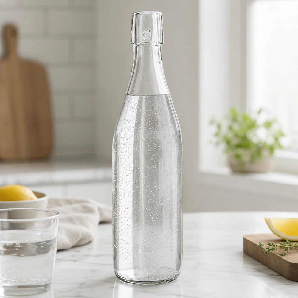 500ml UNiTWIST-lasipullo täynnä kuohuvaa vettä marmoritiskillä modernissa valkoisessa keittiössä, jossa on sitruuna