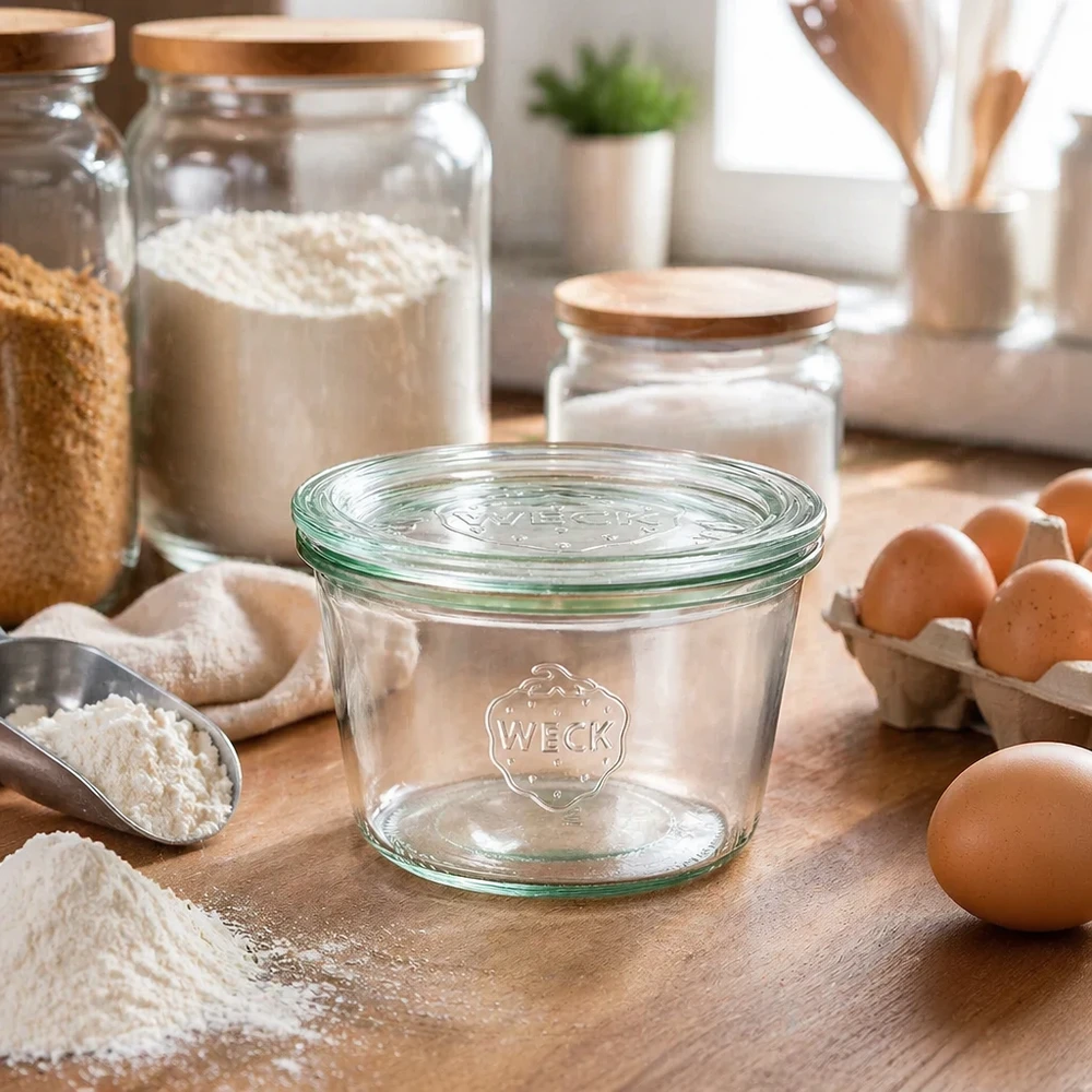 WECK 370ml RR100-lasit keittiön ympäristössä, jossa on jauhoja, munia ja leivonta-aineita ruoanlaittoon ja leivontaan.