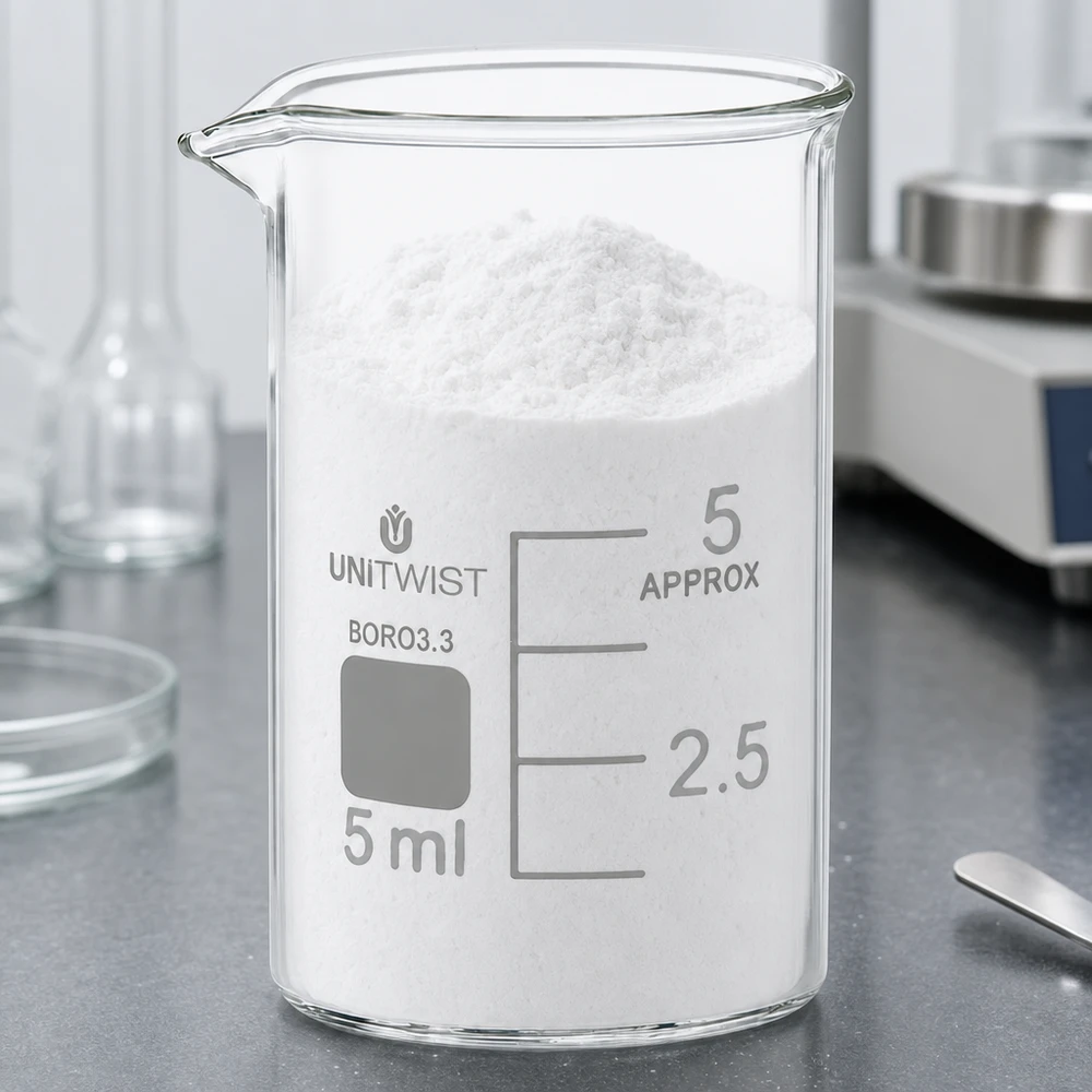 5 ml:n dekantterilasi, borosilikaattilasi, matala muoto UNiTWIST UNiTWIST Valkoista jauhetta UNiTWIST-lasimaljassa (5 ml, borosilikaattia, matala malli) harmaalla laboratoriopinnalla
