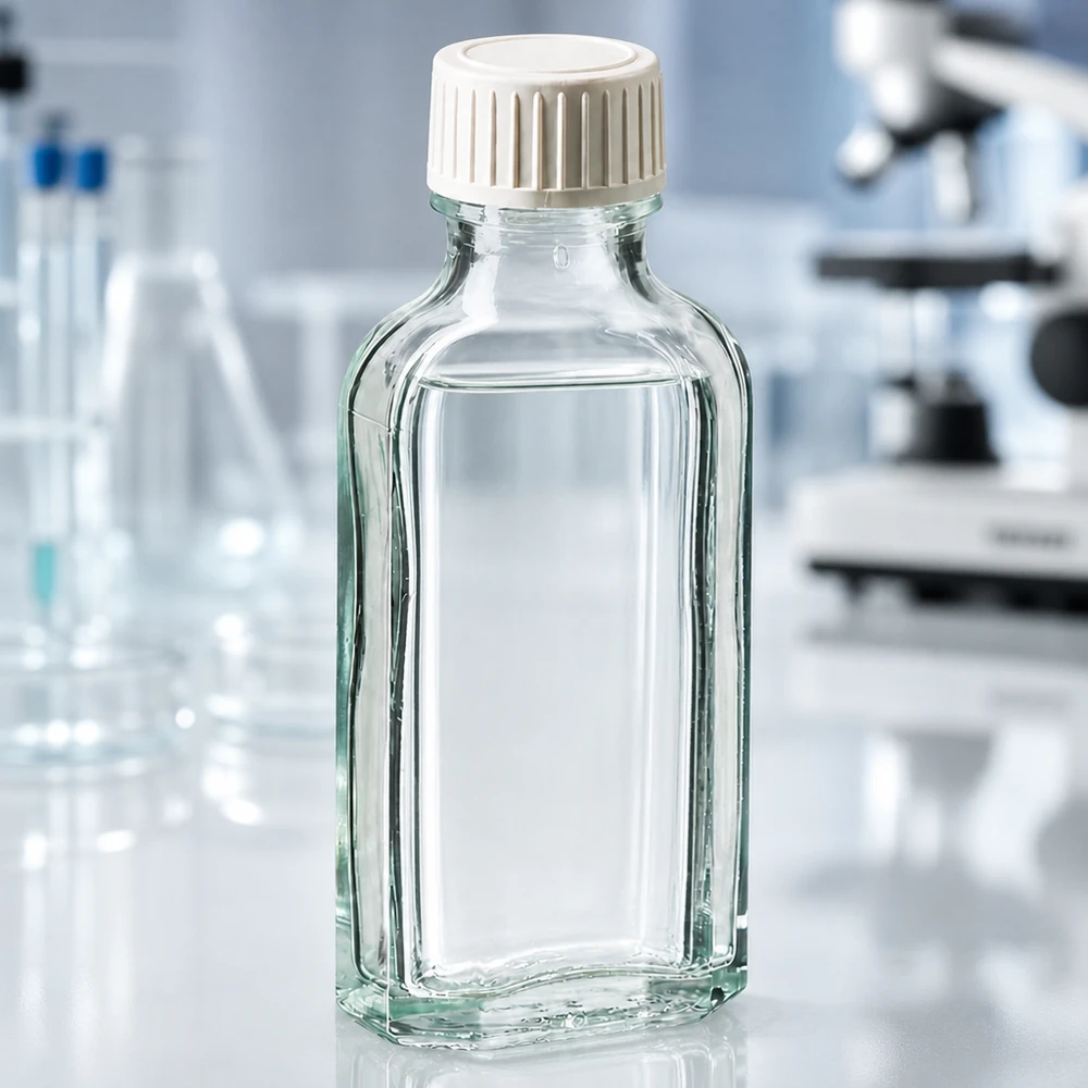 Litteä, tasapohjainen 50 ml:n lasipullo, jossa on uurrettu valkoinen kierrekorkki, valkoisella laboratoriopinnalla