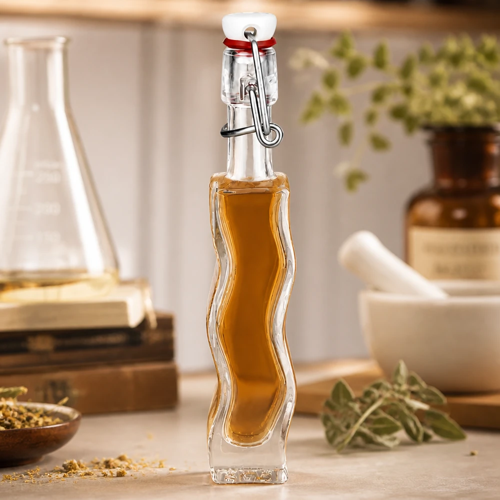 40ml Glasflasche "Anna" mit PVC Bügelverschluss UNiTWIST 40 ml:n lasipullo Anna täynnä hunajanväristä nestettä maalaismaisessa keittiössä, jossa on yrttejä ja lasiesineitä.